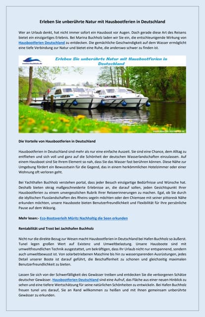 Erleben Sie unberührte Natur mit Hausbootferien in Deutschland | PDF