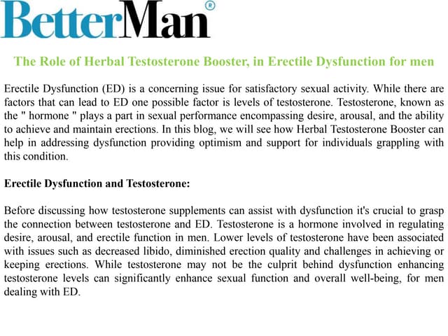 The Role of Herbal Testosterone Booster, in Erectile Dysfunction for men